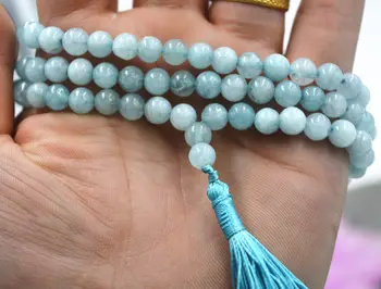 

6mm stone Buddhist Natural Aquamarine 108 Prayer Beads Mala Bracelet Necklace AA jade Jewelry crystal