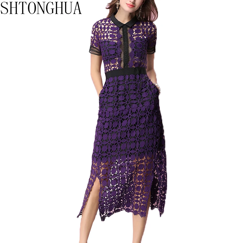 SHTONGHUA 2019 spring Women Party Dress Runway short Sleeves Lace Hollow Out patchwork Slim Elegant Turn down collar mid Dress
SHTONGHUA 2019 spring Women Party Dress Runway short Sleeves Lace Hollow Out patchwork Slim Elegant Turn down collar mid Dress