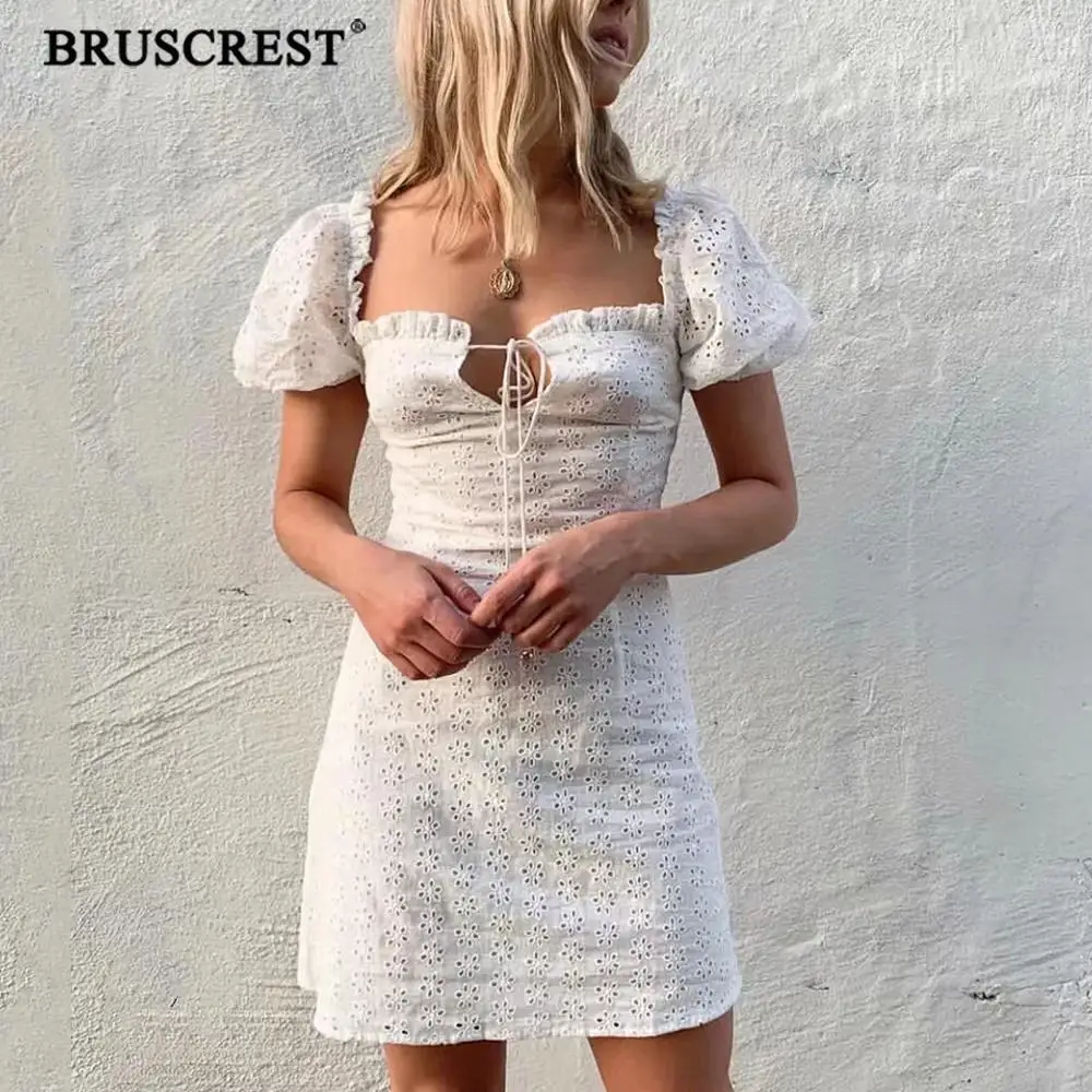Фото Женское кружевное платье Boho белое винтажное мини-платье с коротким рукавом и