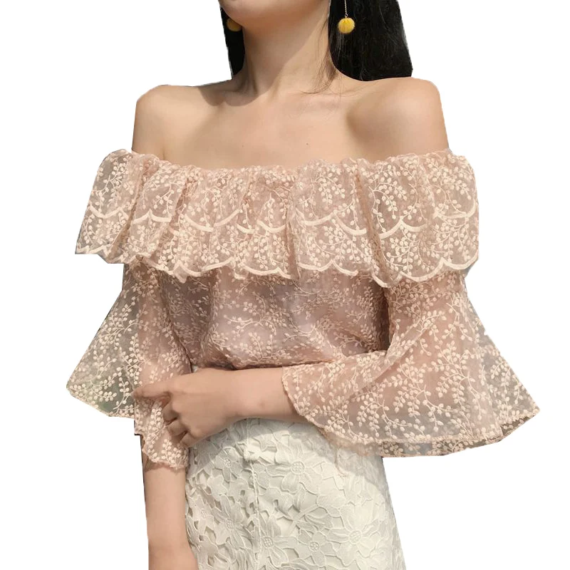 New Women Floral Lace Blouse Summer Vintage Mesh Shirts Ruffles Slash Neck Flare Sleeve Short Tops Elegant Blouses Blusas SF774
New Women Floral Lace Blouse Summer Vintage Mesh Shirts Ruffles Slash Neck Flare Sleeve Short Tops Elegant Blouses Blusas SF774