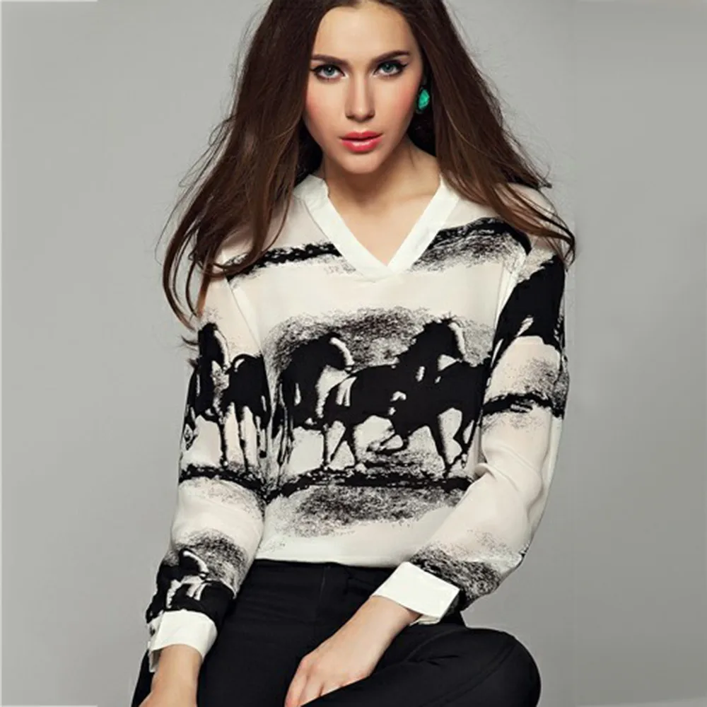Blouse Temperament V-neck Ink Horse Print Long-sleeved Shirt Ladies Tops Blouses Woman 2019 Roupas Feminina Modis
Blouse Temperament V-neck Ink Horse Print Long-sleeved Shirt Ladies Tops Blouses Woman 2019 Roupas Feminina Modis
