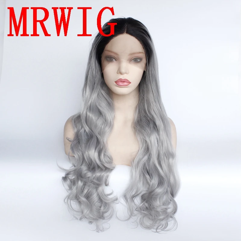 

MRWIG Long Wavy Ombre Medium Grey Middle Part Synthetic Glueless Front Lace Wig Short Dark Roots