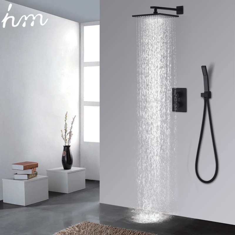 

hm Black Rain Shower Set Bathroom Thermostatic Mixer Wall Mount 10" Air Booster Rainfall Brass Showerhead System Head Save Water