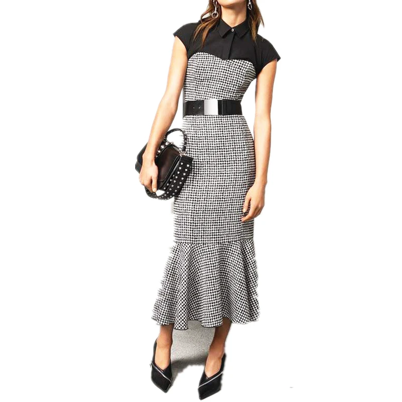 Runway Designer 2019 Spring Summer Dress Women's High Quality Turn Down Neck Plaid Patchwork Mermaid Midi Dress+Belt
Runway Designer 2019 Spring Summer Dress Women's High Quality Turn Down Neck Plaid Patchwork Mermaid Midi Dress+Belt