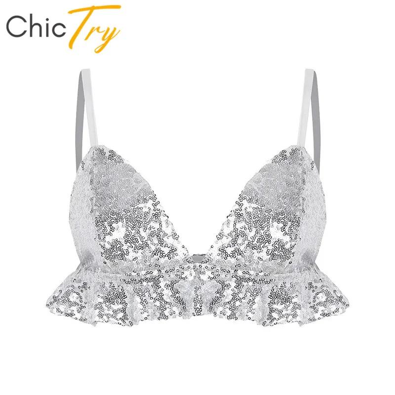 ChicTry Shiny Sequins Adjustable Spaghetti Straps Ruffle Adult Women Pole Dance Crop Tops Festival Rave Clothing Dance Costumes
ChicTry Shiny Sequins Adjustable Spaghetti Straps Ruffle Adult Women Pole Dance Crop Tops Festival Rave Clothing Dance Costumes