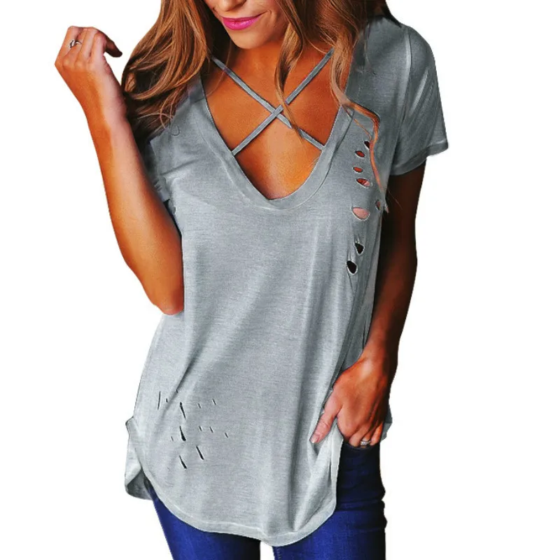 Sexy Holes Summer T-Shirt Women 2017 Cross V Neck Ripped T Shirts Bandage Loose Basic Female Tee Tops Blusas Camisas Mujer
Sexy Holes Summer T-Shirt Women 2017 Cross V Neck Ripped T Shirts Bandage Loose Basic Female Tee Tops Blusas Camisas Mujer
