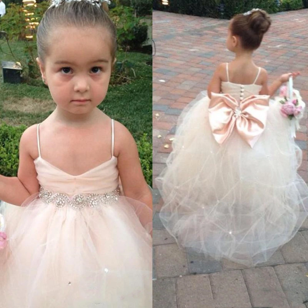 

Pageant Dresses For Girls Spaghetti Sleeveless Flower Girl Dresses White Ivory Champagne Kids Ball Gowns Wedding Dress Sash