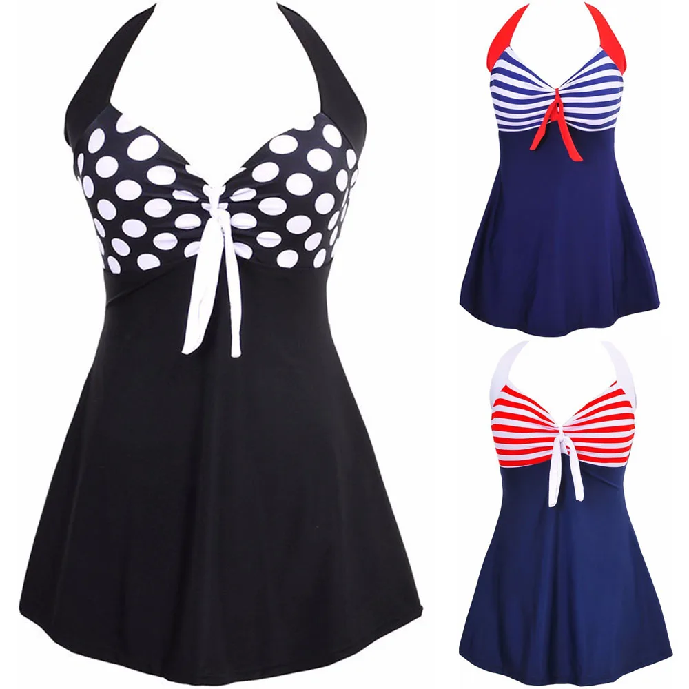 Image Fashion Sexy Stripe Padded Halter Skirt Swimwear Women One Piece Swimsuit Beachwear Bathing Suit Swimwear Dress Plus Size M 4XL