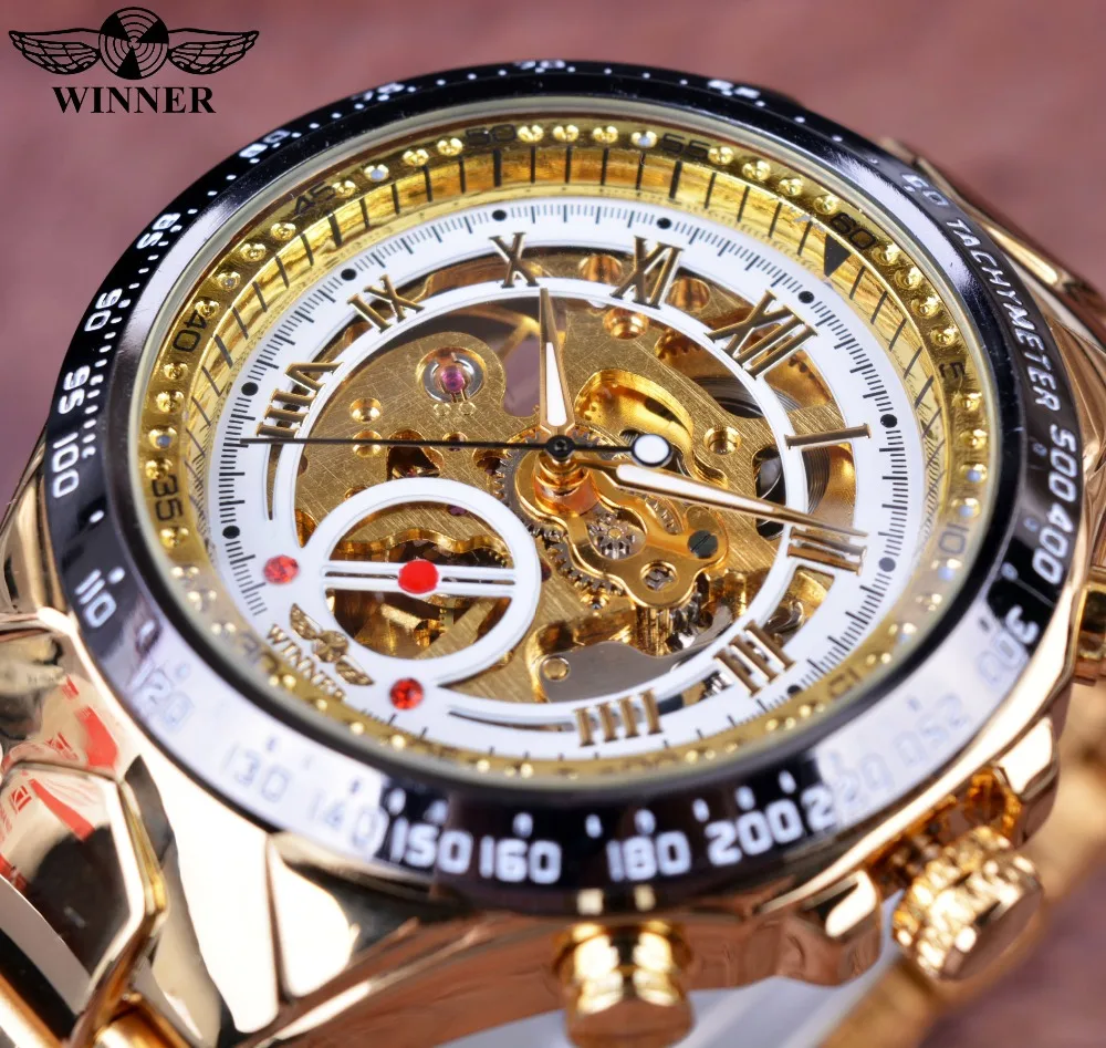 Фото Winner номер дизайнерские полностью белые золотые мужские часы с гранями роскошные
