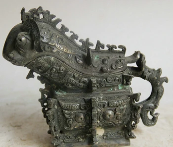 

song voge gem S2157 6" Old Chinese Bronze Beast handle food vessel kettle Pot Jar Crock Bird Zun