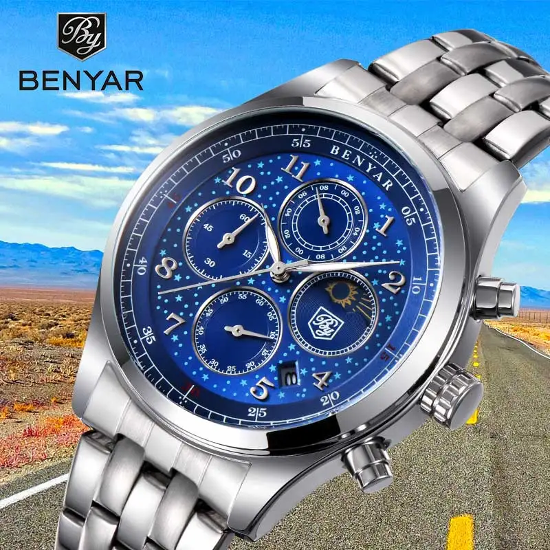 BENYAR Blue Simple luxury Brand Men's Quartz Watch Stainless Steel Strap Moon Phase Military Waterproof Clock Relogio Masculino 
BENYAR Blue Simple luxury Brand Men's Quartz Watch Stainless Steel Strap Moon Phase Military Waterproof Clock Relogio Masculino