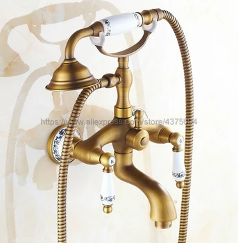 Dual Ceramic Handles Wall Mounted Antique Brass Bathroom Tub Faucet with Hand Held Shower Sprayer Ntf310 
Dual Ceramic Handles Wall Mounted Antique Brass Bathroom Tub Faucet with Hand Held Shower Sprayer Ntf310