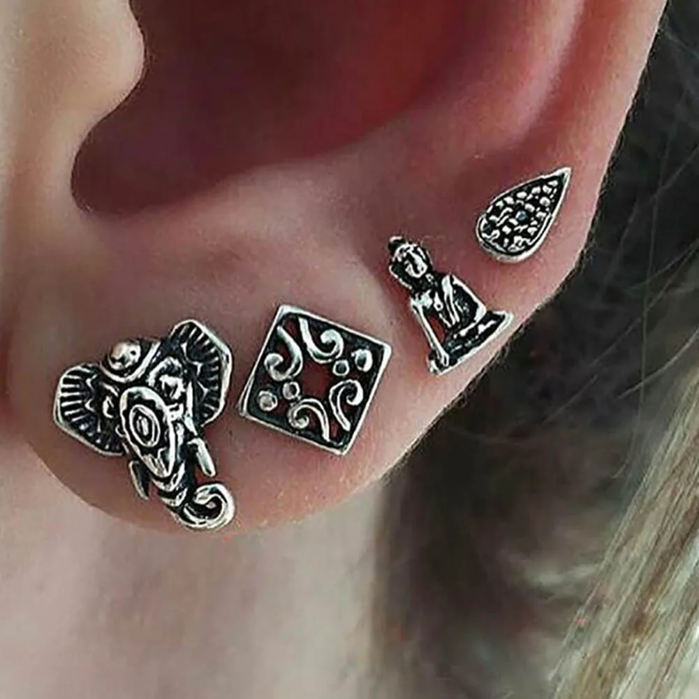 New 4Pcs/Set Bohemian Earring Retro Silver Color Elephant Buddha Water Drop Geometric Pattern Stud Earring For Women Men
New 4Pcs/Set Bohemian Earring Retro Silver Color Elephant Buddha Water Drop Geometric Pattern Stud Earring For Women Men
