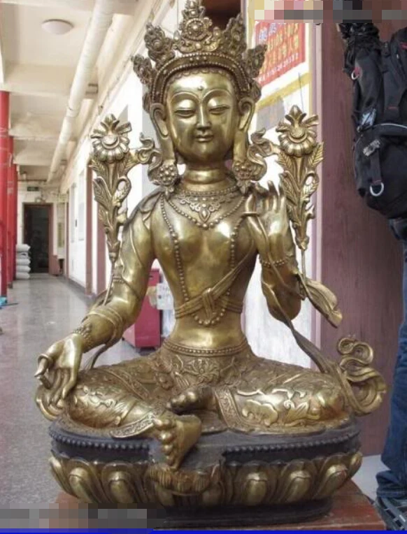 

24" Tibet Buddhism Temple Copper Bronze Green Tara GuanYin Kwan-Yin Buddha Statue