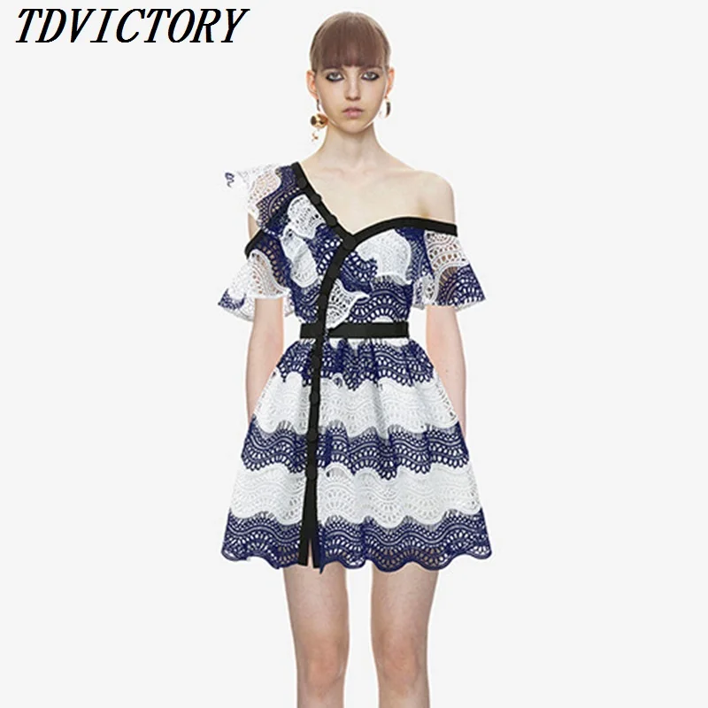 TDVICTORY 2019 Summer Runway Mini Dress One Shoulder Ruffles Hollow Out Women Single Breasted Lace Patchwork Dress
TDVICTORY 2019 Summer Runway Mini Dress One Shoulder Ruffles Hollow Out Women Single Breasted Lace Patchwork Dress