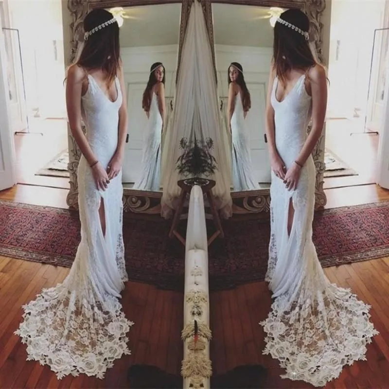 2019 New Simple Lace Wedding Dresses mermaid Cheap Deep V Neck Spaghetti Strap Side Split Low Backless Sexy Beach Bridal Gowns 
2019 New Simple Lace Wedding Dresses mermaid Cheap Deep V Neck Spaghetti Strap Side Split Low Backless Sexy Beach Bridal Gowns