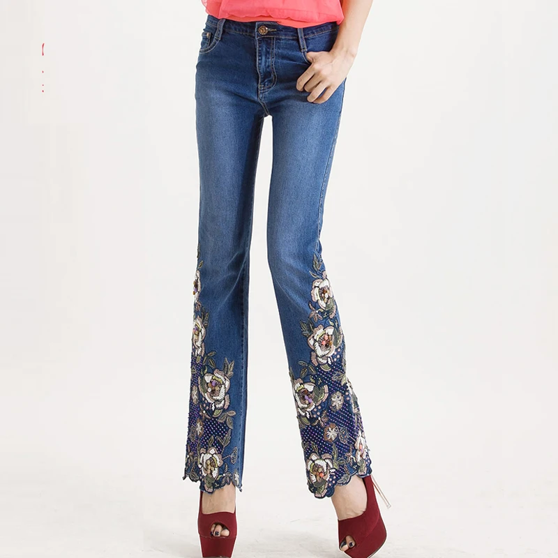 Spring Fall Women Beads Stretch Flare Jeans Trousers With Embroidery , Fall Female Woman Bleached Embroidered Blue Denim Pants
Spring Fall Women Beads Stretch Flare Jeans Trousers With Embroidery , Fall Female Woman Bleached Embroidered Blue Denim Pants