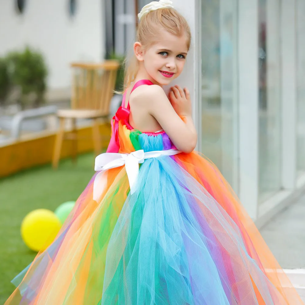 

Little Girl Multicolor Tutu Dress Kids Handmade Fluffy Tulle Tutus Ball Gown with Flower Ribbon Bow Children Wedding Party Dress