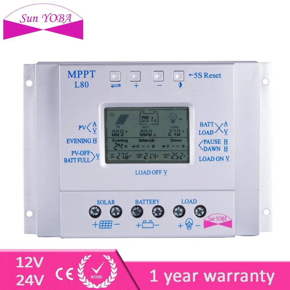 LCD 80A 12V/24V MPPT Solar Controller Regulator Charge Battery Safe Protection Intelligent with Temp Sensor CE APJ
LCD 80A 12V/24V MPPT Solar Controller Regulator Charge Battery Safe Protection Intelligent with Temp Sensor CE APJ
