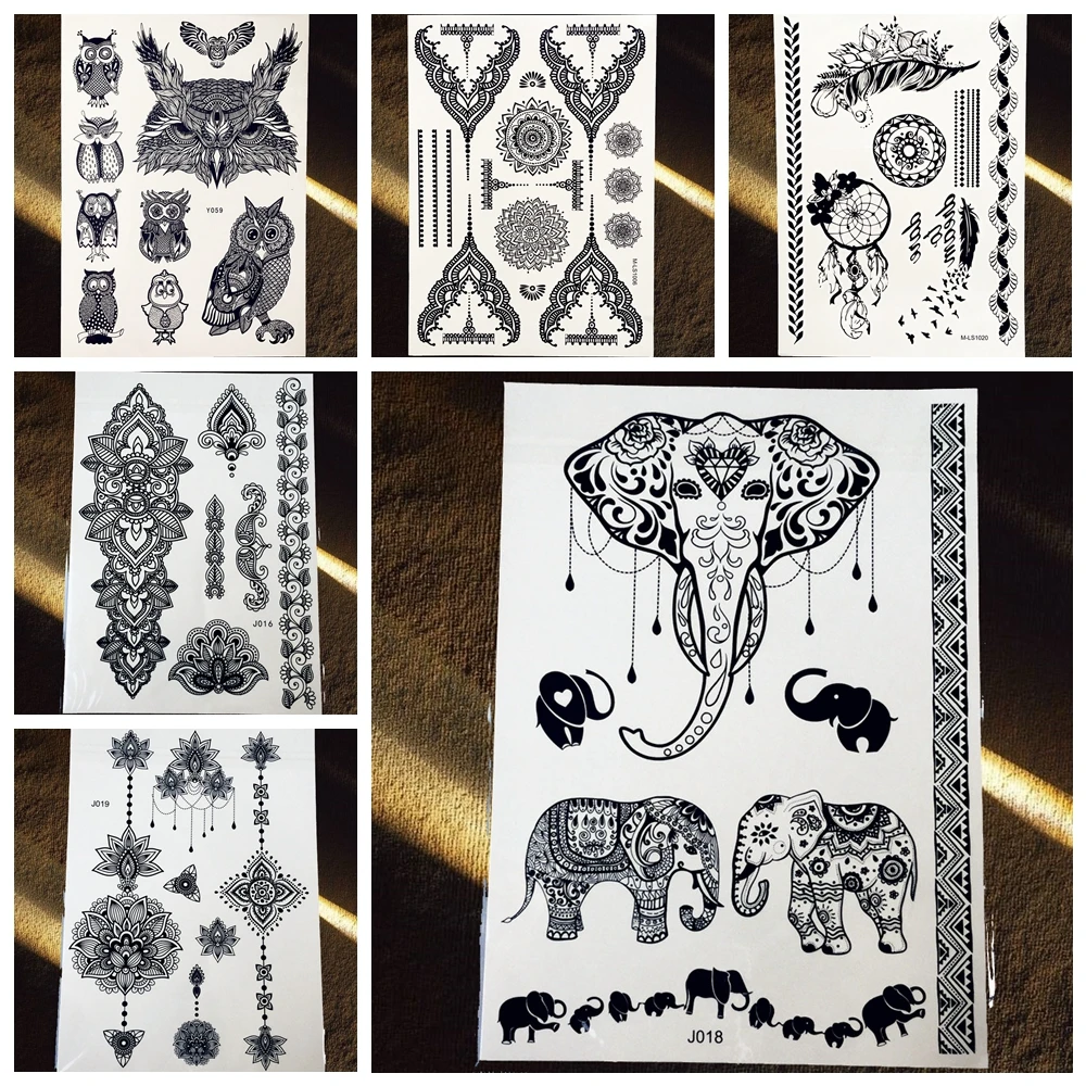25 Styles Hot Sale Waterproof Black Henna Tattoos Elephant Owl Dreamcatcher Tatoo Body Art Decals Fake Temporary Tattoo Stickers
25 Styles Hot Sale Waterproof Black Henna Tattoos Elephant Owl Dreamcatcher Tatoo Body Art Decals Fake Temporary Tattoo Stickers