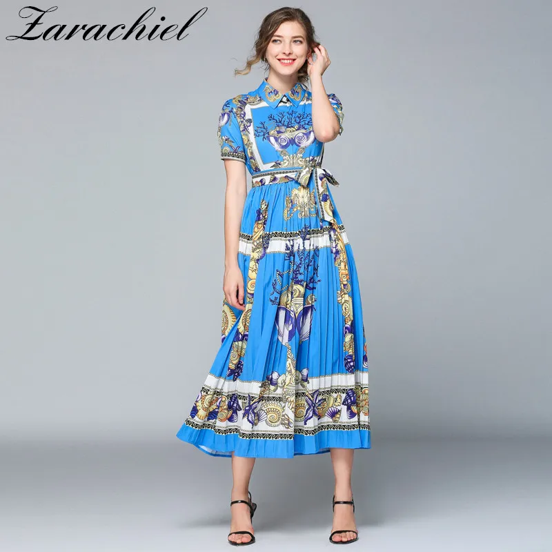 Fashion Runway 2019 Summer Shirt Dresses Women's Short Sleeve Turn Down Collar Blue Vintage Print Pleated Long Dresses With Belt
Fashion Runway 2019 Summer Shirt Dresses Women's Short Sleeve Turn Down Collar Blue Vintage Print Pleated Long Dresses With Belt