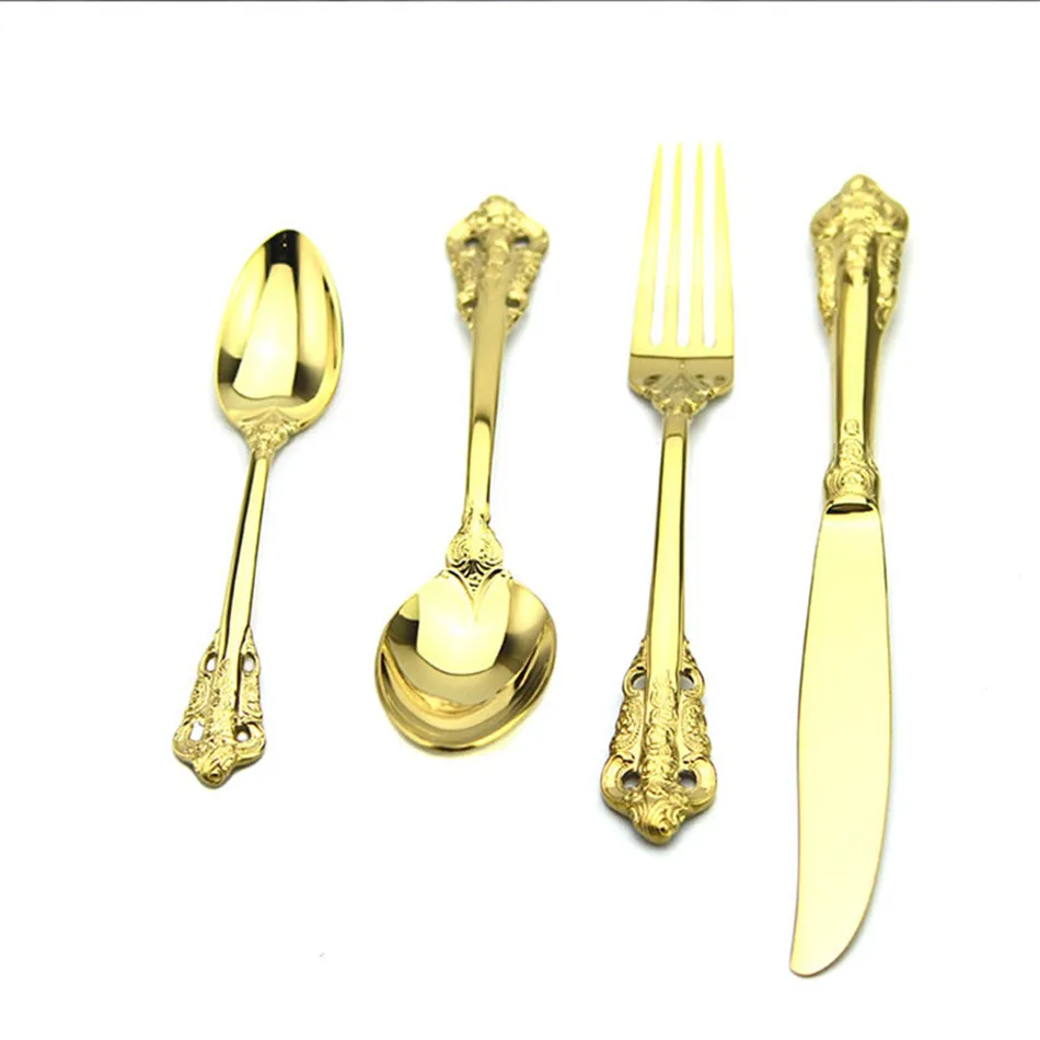 Retro Vintage Western Gold Plated Relief Cutlery Dining Knives Forks Teaspoon Set Golden Luxury Dinnerware Tableware Set 4 pcs (8)