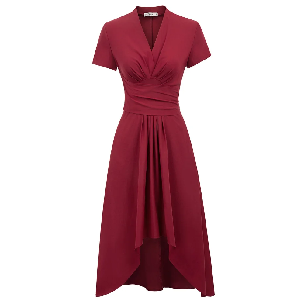 Women pleated party dress Casual Short Sleeve V-Neck Wrap Front Irregular High-Low elegant knee retro solid swing A-Line Dress
Women pleated party dress Casual Short Sleeve V-Neck Wrap Front Irregular High-Low elegant knee retro solid swing A-Line Dress