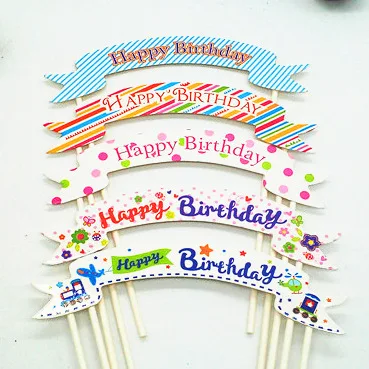 1pc Creative Cake Topper Multi Colors Happy Birthday Flags Double Stick For Birthday Party Cake Baking Supplies