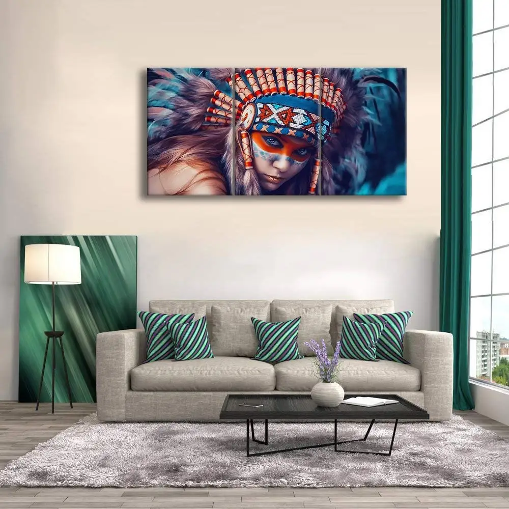 

Beauty Native American Indian Feathered Girl Wall Art Artwork Woman Canvas Print Painting Decor For Living Room Drop Shipping