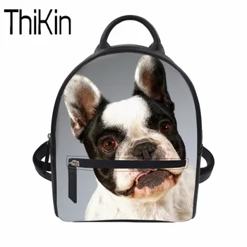 THIKIN Women Backpack School Backpack Bag for Teenage Girls PU Leather Mini Mochila 3D French Bulldog Pug Prints School Bagpack