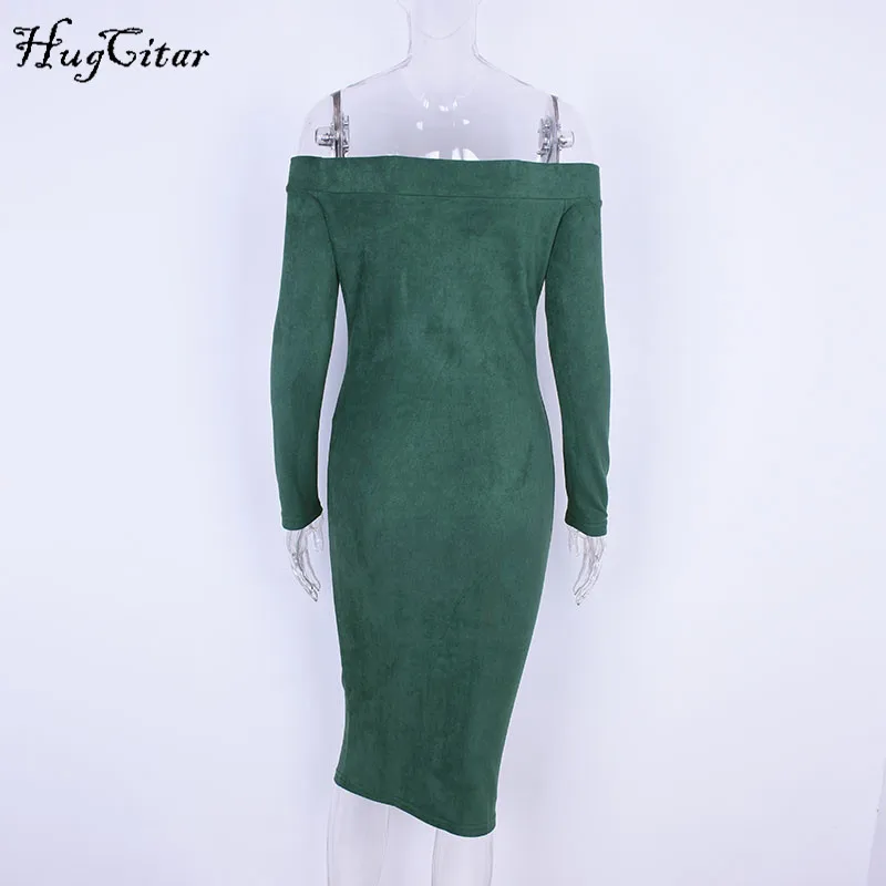 Hugcitar Suede Long Sleeve off shoulder Women mid-calf Dress 2017 Autumn Winter Female sexy Bodycon new year party Dresses 18