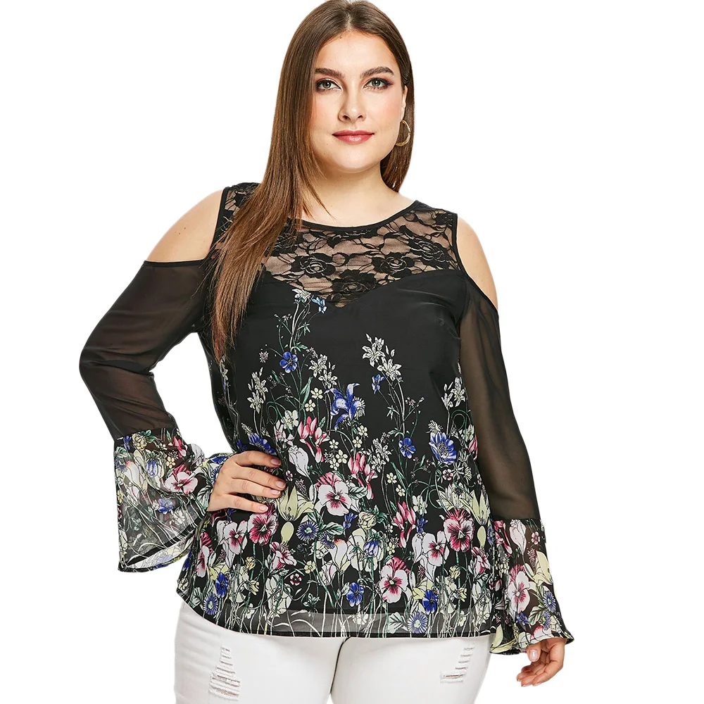 Rosegal Plus Size Sheer Bell Sleeve Cold Shoulder Blouse Women O Neck Long Sleeves Lace Floral Print Blouses Shirts Ladies Tops
Rosegal Plus Size Sheer Bell Sleeve Cold Shoulder Blouse Women O Neck Long Sleeves Lace Floral Print Blouses Shirts Ladies Tops