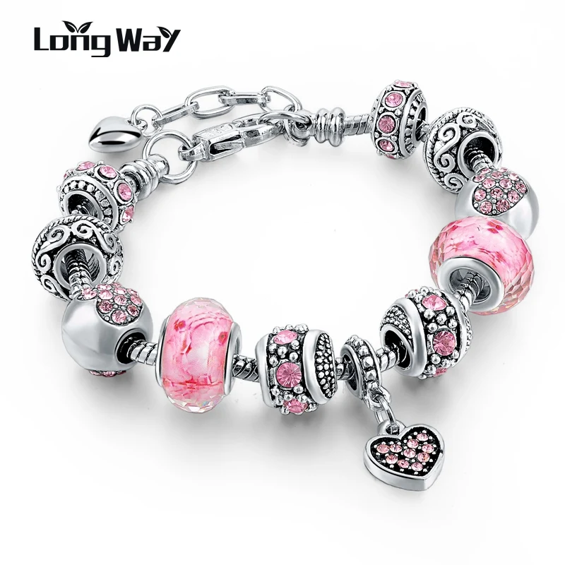 LongWay серебряный цвет DIY ювелирные изделия цветок бусы Шарм браслет Femme с