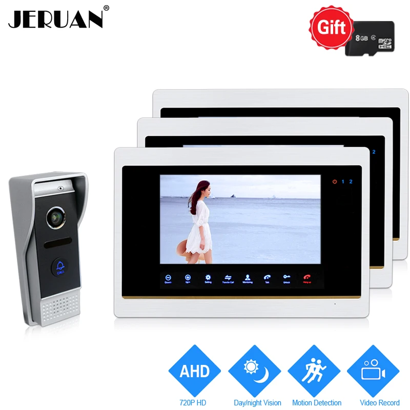 

JERUAN 720P AHD HD 7 inch LCD Video Doorbell Door Phone Intercom System 3 Record Monitor + 1.0MP HD 110 degree COMS Camera 1V3