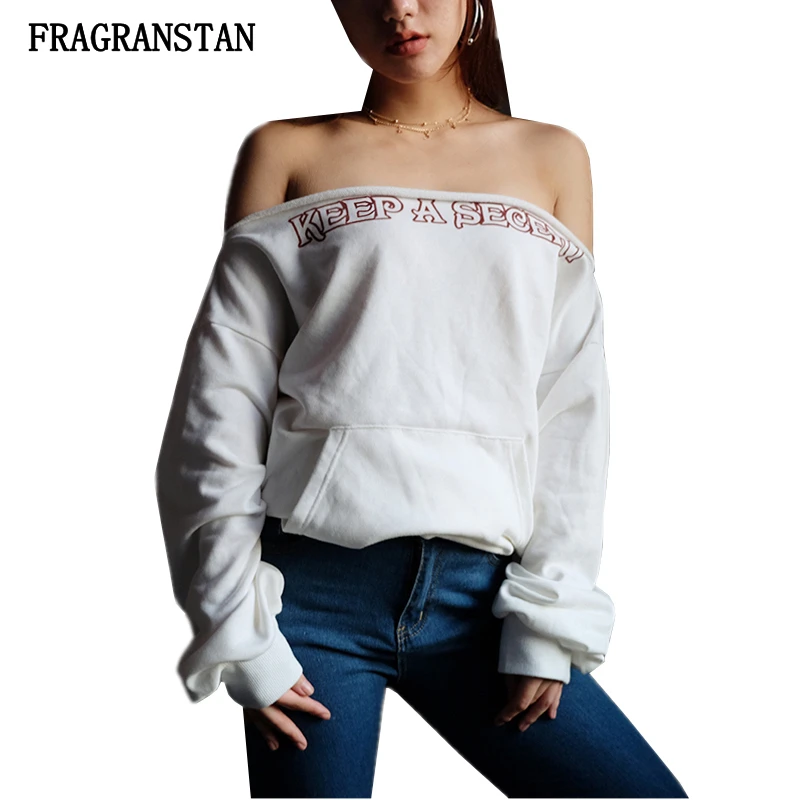 Lady 2018 Spring Summer New Slash Neck White Sweatshirts Women Fashion Letter Print Sexy Top Casual Loose Female Pullovers Q635
Lady 2018 Spring Summer New Slash Neck White Sweatshirts Women Fashion Letter Print Sexy Top Casual Loose Female Pullovers Q635