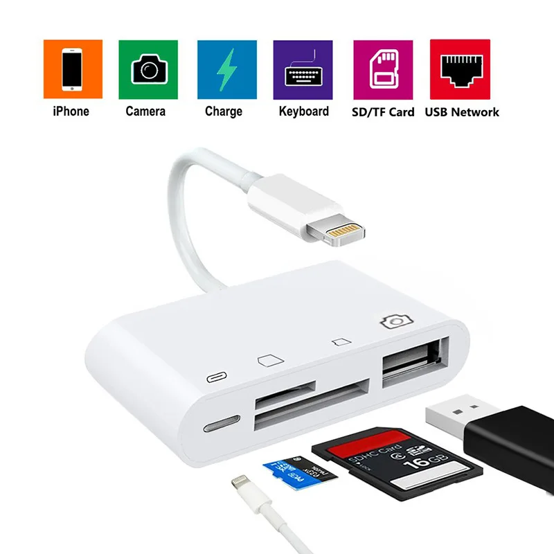4 in 1 SD TF Card Reader Camera OTG Cable Adapter Charger Connection Kit Data Sync For iPhone X 8 7 For iPad Phone Accessories
4 in 1 SD TF Card Reader Camera OTG Cable Adapter Charger Connection Kit Data Sync For iPhone X 8 7 For iPad Phone Accessories