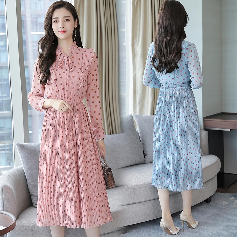 Lady Summer Dress New Korean Fashion Female Chiffon Clothing Women Stand Collar Polka Dot Long Pleated Dresses Blue,Pink
Lady Summer Dress New Korean Fashion Female Chiffon Clothing Women Stand Collar Polka Dot Long Pleated Dresses Blue,Pink
