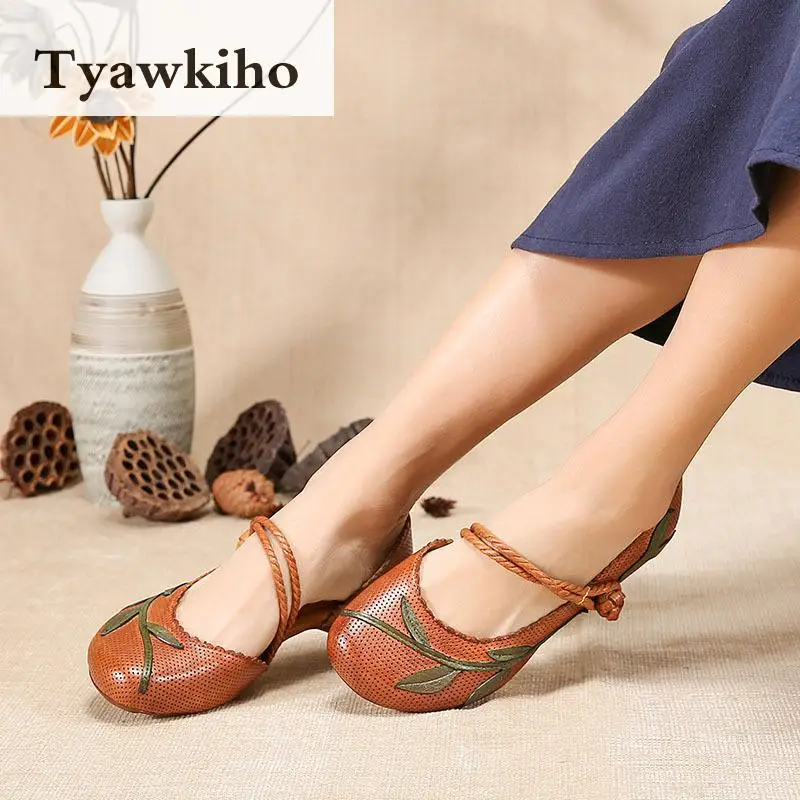 Tyawkiho Embroidery Women Sandals Genuine Leather Summer Shoes Flat Heels Flower Ankle Strap Sandals Retro Handmade Leather Shoe