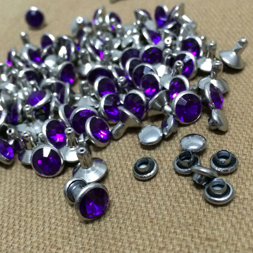 

New Coming 100Sets 8mm Dark Purple CZ Acrylic Crystals Rhinestone Rivets Rapid Silver Nailhead Spots Studs DIY Shipping Free