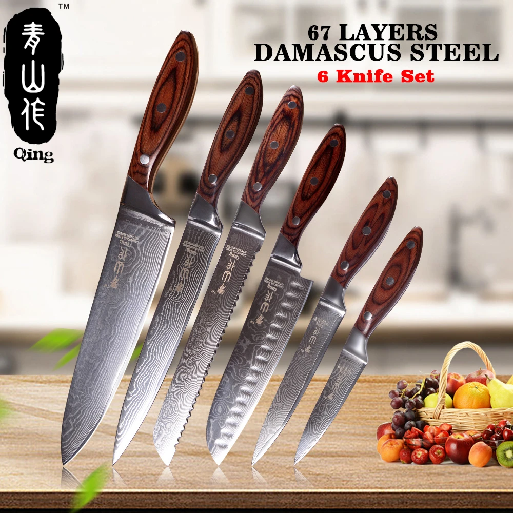 QING 6-Pieces Kitchen Knife Set 3.5" 5" 7" 8" 8" 8" Color Wood Handle Japanese Damascus Knives 67-Layer VG10 Steel Cooking Tools
QING 6-Pieces Kitchen Knife Set 3.5" 5" 7" 8" 8" 8" Color Wood Handle Japanese Damascus Knives 67-Layer VG10 Steel Cooking Tools