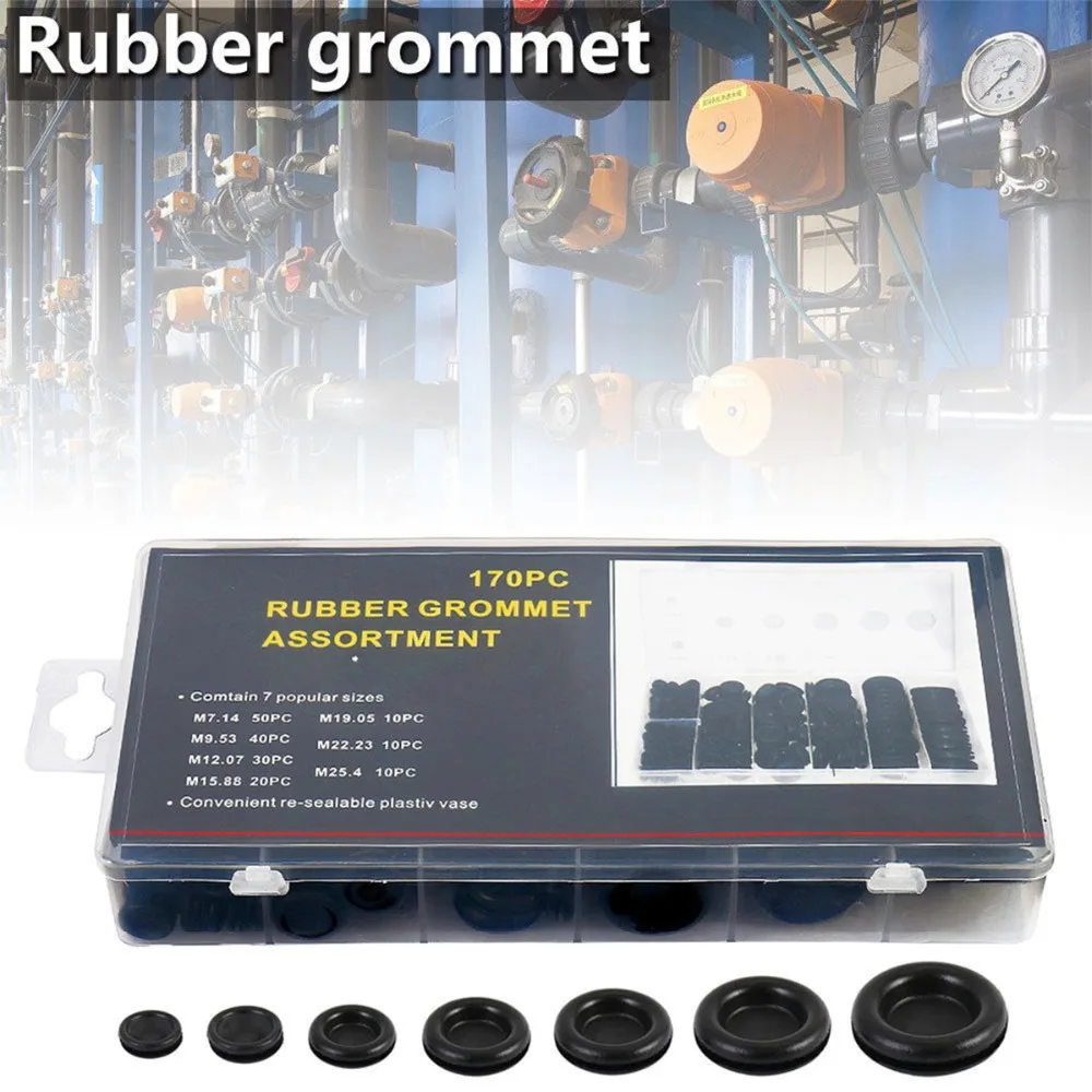 170Pcs 7 common sizes Assorted Rubber Grommet Set Wiring Open & Closed Blind Blanking Grommets Plastic box-packed
170Pcs 7 common sizes Assorted Rubber Grommet Set Wiring Open & Closed Blind Blanking Grommets Plastic box-packed