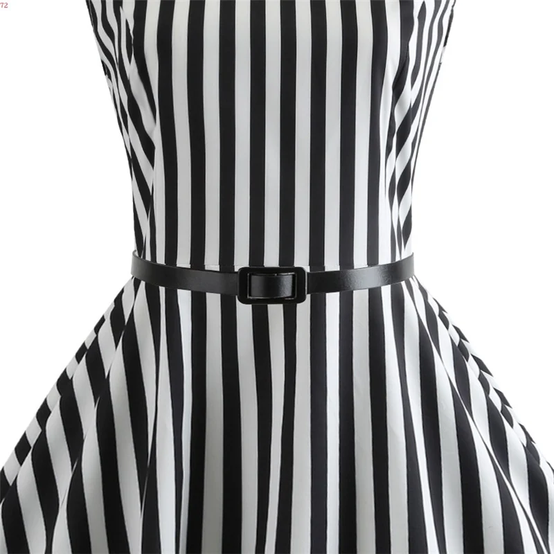Kostlich O-Neck Casual Ladies Dresses Plus Size Summer Hepburn Vintage Dress With Sashes Women Striped Printed Big Swing Dress (5)