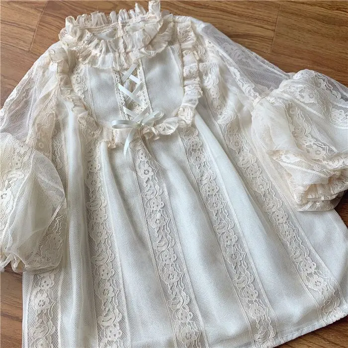 lolita style cream tower shirt lace bubble sleeve strap bottom shirt coat blusas femininas elegante
lolita style cream tower shirt lace bubble sleeve strap bottom shirt coat blusas femininas elegante