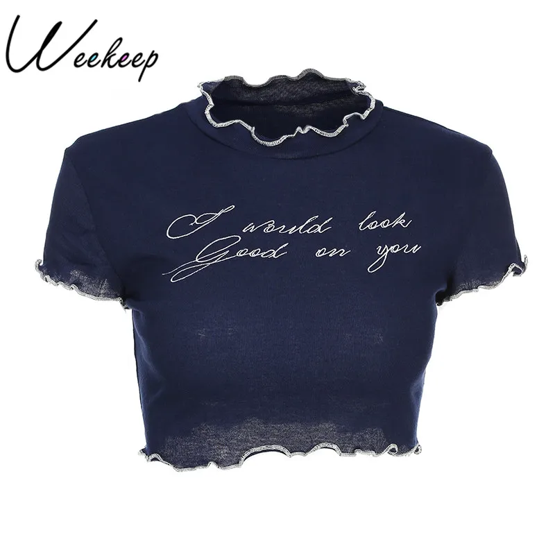 Weekeep Sexy Cropped Letter Embroidery t-shirt Women Fashion Slim Waist O-neck t shirt 2018 Summer Short Sleeve Crop Top
Weekeep Sexy Cropped Letter Embroidery t-shirt Women Fashion Slim Waist O-neck t shirt 2018 Summer Short Sleeve Crop Top