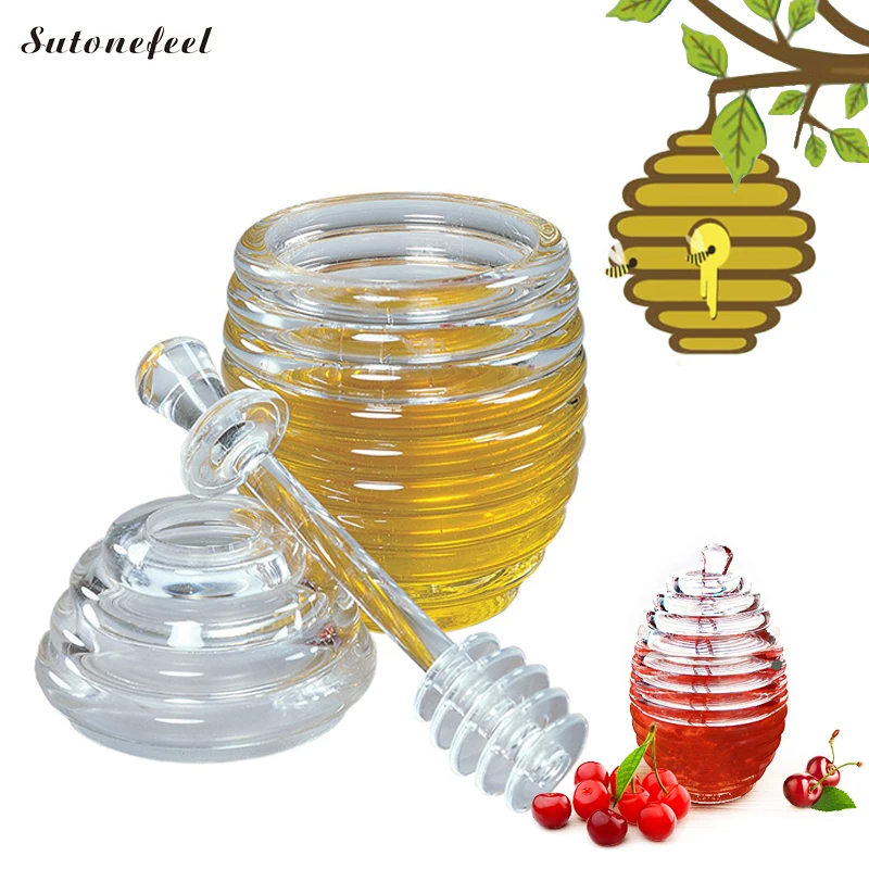 

StoneFeel Honey Jar with Dipper Honeycomb Acrylic Honey Dispenser Creative Plastic Jam Pot Sauce Oil bottle