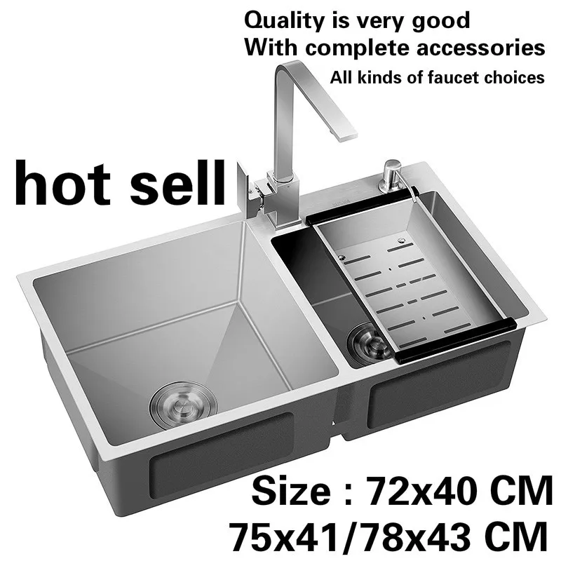 

Free shipping Kitchen manual sink double groove durable food grade 304 stainless steel standard hot sell 72x40/75x41/78x43 CM