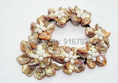 

YH@CS >>Natural White Pearl Brown shell mother of pearl Knit 7 Shell Flower Necklace 18"