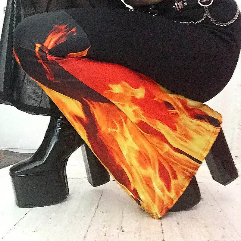 Фото RLMABABY принт огонь лоскутные сексуальные расклешенные брюки женские с высокой