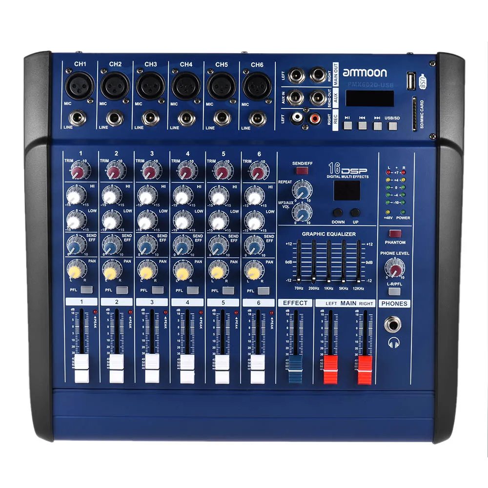 6 Channels Digital Mic Line Audio Mixing Console Power Mixer Amplifier USB/ SD Slot for Recording DJ Stage Karaoke
6 Channels Digital Mic Line Audio Mixing Console Power Mixer Amplifier USB/ SD Slot for Recording DJ Stage Karaoke