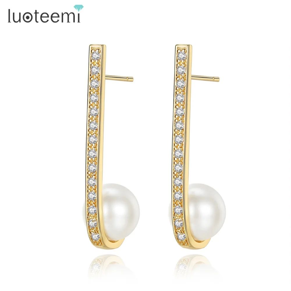 

LUOTEEMI 2018 Fashion Hook Design Long Dangle Earrings For Women Imitation Pearl & CZ Crystal Drop Earrings Jewelry Party Gifts